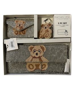 Rachel Zoe Silver Beaded 3-Piece Set with Tan Teddy Motif